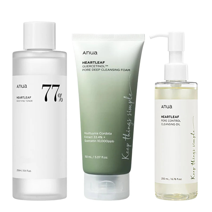 Anua Heartleaf 77 Toner, Pore Cleansing Oil & Foaming Cleanser Set